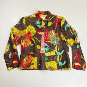 COLDWATER CREEK Floral Silk Blazer Medium Open Jacket Mandarin Collar Bright